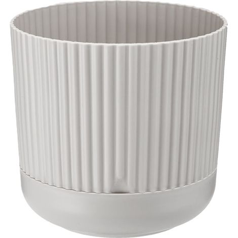 Vaso da fiori in plastica con sottovaso, coperchio stile nostalgia, 18 cm, beige opaco, motivo a righe. (1/4)