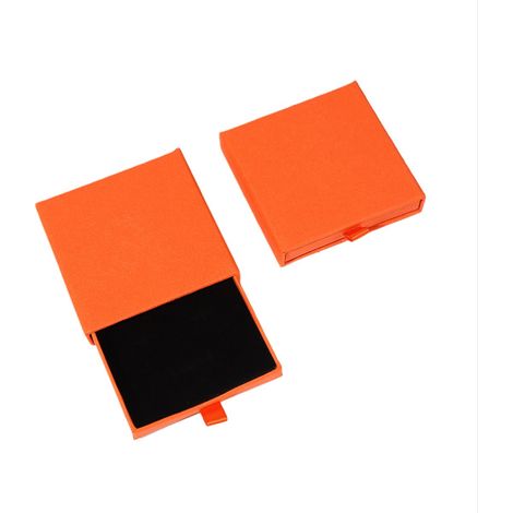 Boîte à bijoux de 10 x 10 x 2 cm avec un présentoir en papier, idéale pour ranger colliers, boucles d'oreilles, bagues et autres bijoux. Orange. (1/4)
