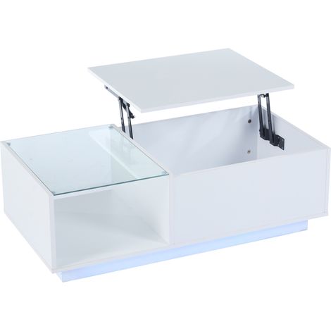 Tavolino da caffè LED lucido sollevabile 100 x 50 x 33 cm bianco con vano nascosto e ripiano (1/5)