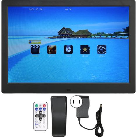 Cadre photo numérique HD 13 pouces, résolution 1280x800, compatible avec l'entrée câble MI haute définition HD, horloge/calendrier/heure, marche/arrêt, noir, norme européenne. (1/5)