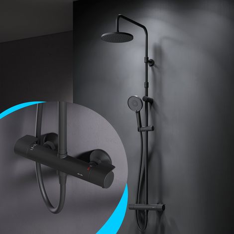 AM.PM Duschsystem Schwarz mit Thermostat 38℃ Regendusche Edelstahl Duscharmatur Set, Duschsäule Regendusche, inkl. verstellbar Duschstange F07XA422 (1/5)