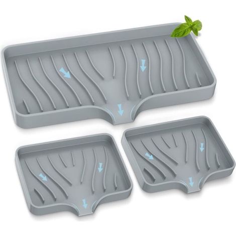 Plateau d'évier de cuisine 3 pièces, porte-savon de cuisine auto-drainant, porte-éponge en silicone pour évier de cuisine, organisateur d'évier de salle de bain de cuisine, (1/4)