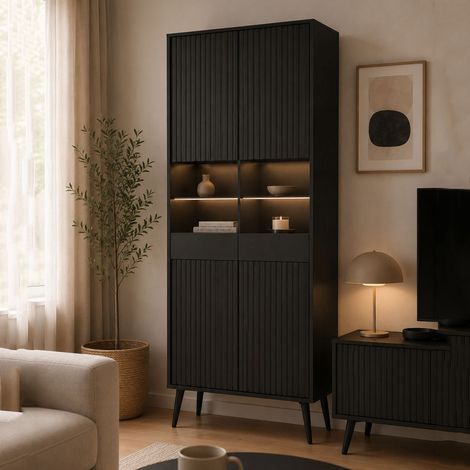 Vetrina Lenega, Mobile Espositore 6 Ripiani, 2 Ante, 2 Riapiani in Vetro, 91x40x193h cm Nero (1/3)