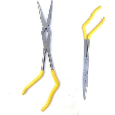 Pinza extra lunga 340mm becchi lunghi curva a doppio snodo per valvole molle