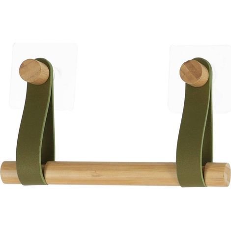 Dérouleur papier toilette bambou, lanières simili cuir vert kaki. Sans clou. L20 x l2.5 x H11.5 cm. (1/5)