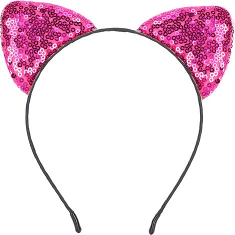 Bandeau à Oreilles de Chat Séquiné Réversible, Accessoire Cheveux Brillant pour Femmes Rouge Rose (1/5)