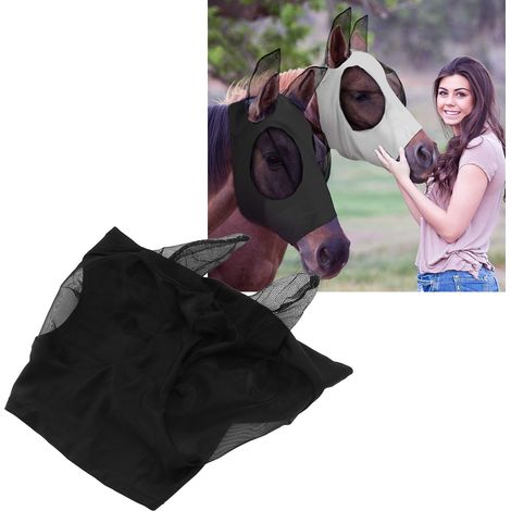 Masque de protection pour cheval, protecteur de visage élastique et respirant, masque anti-moustiques et insectes, couvre-chef noir pour chevaux (1/5)