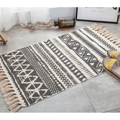 Tapis - Coton - 60 x 90 cm - Noir Gris - Rectangulaire - Pour Salon Chambre Cuisine Buanderie Salle De Bain - 1 Pièce (1/2)