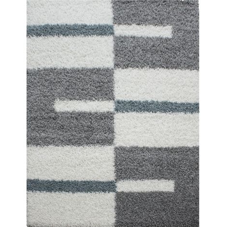 Tapis Salon Chambre Shaggy Motifs Géométrique - ROMA (Gris et Turquoise - 200x290cm) (1/5)