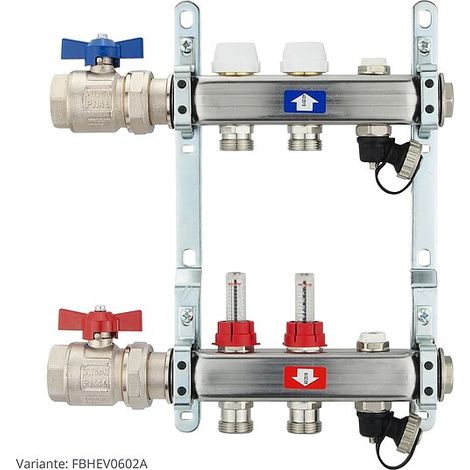 Fußbodenheizungsverteiler aus Edelstahl mit Topmeter für 2 Heizkreise - mit Anschlussset waagrecht (1/3)