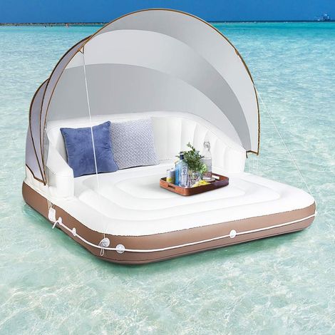 Costway – Matelas gonflable de piscine 180x180x160cm – PVC résistant – Charge 200kg – Accoudoirs et auvent rétractable – 2 porte-gobelets intégrés