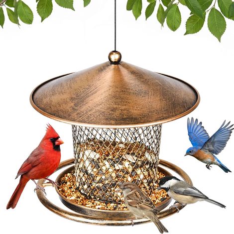 Mangeoire à oiseaux anti-écureuils, lanterne mignonne en forme de toit, mangeoire à oiseaux sauvages en métal robuste avec crochet pour décoration à suspendre dans le jardin, cour, extérieur, capacité