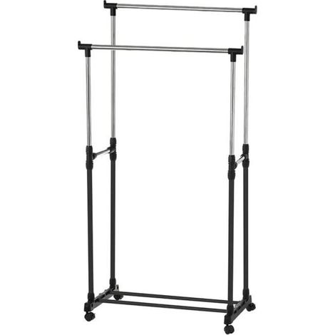Support double pour portemanteau - JUANIO - 75x42x155 cm - Chrome-noir - Acier inoxydable - 4 roulettes (1/4)