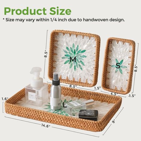 Ensemble de 3 paniers de service tressés en rotin de 38 cm avec poignées, bol de service décoratif bohème en osier pour table basse, panier de présentation fait main (1/4)