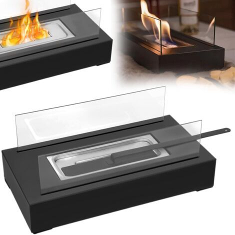 Cheminée de table au bioéthanol d'intérieur au bioéthanol - Cheminée d'extérieur avec verre - Base en acier inoxydable - Feu de table pour balcon, jardin - Rectangulaire (1/5)
