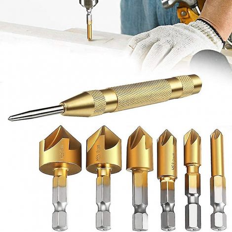 BEBUSINGOTO 6-teiliges HSS-Senkbohrer-Set mit 5 Sechskantschaft und automatischem 5-Zoll-Körner, Entgratungswerkzeugen für Stahl, Holz, Kunststoff (1/5)