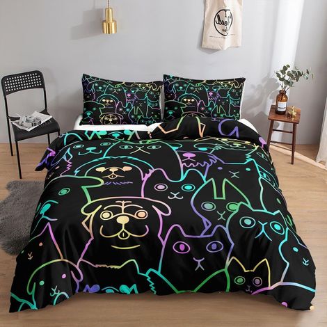 Bettwäsche-Set Kinder Katze Hund fluoreszierend 200x200cm 2x80x80cm Mikrofaser