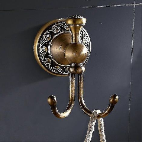 Retro-Wandhaken aus Messing mit 2 Haken, Toilettenpapierrollenhalter, Antikmessing-Finish, goldener Welleneffekt. (1/4)