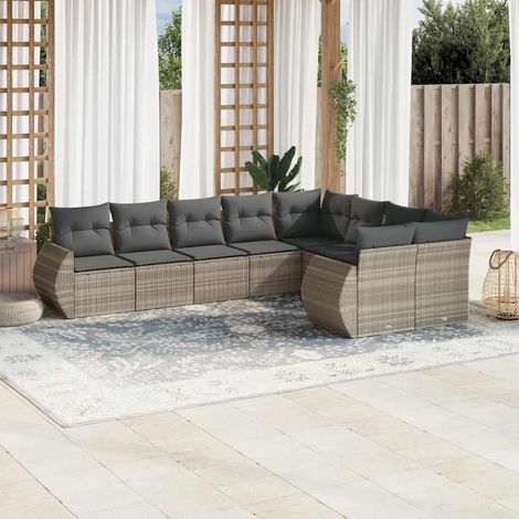 Set muebles jardín 9 pzas y cojines ratán sintético gris claro vidaXL (1/5)