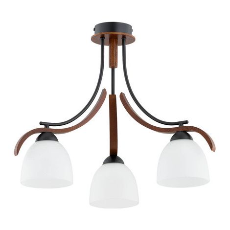 Alfa BAFIA Wooden Ceiling Lamp, Classic Black Metal & Walnut Dark Wood, 3 White Glass Shades, 3xE27 (max 15W) Dimmable, 52x52x46 cm for Living Room and Bedroom