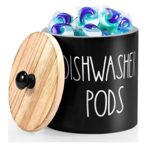 BUNTHAUS Support pour capsules de lave-vaisselle avec couvercle élégant - Récipient de tablette - Large ouverture - Forme ronde - Boîte à lave-vaisselle - Organiseur pour cuisine (1/4)