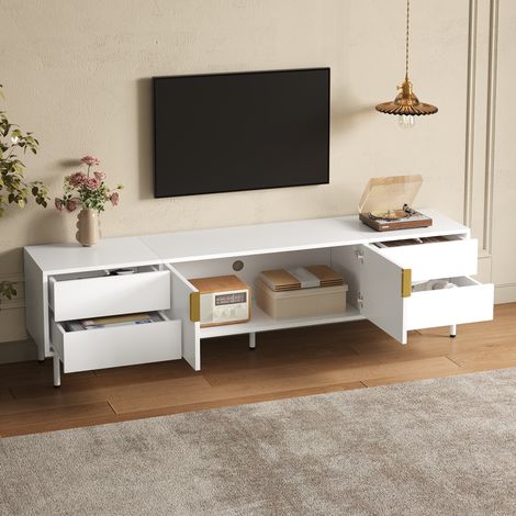 Mobile TV basso bianco 180 cm con 4 cassetti, ante scanalate, piedini in metallo, OKWISH (1/5)