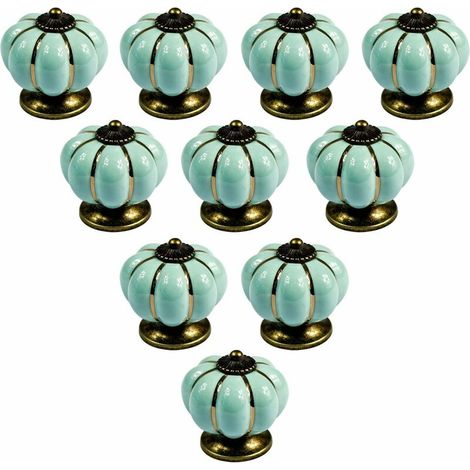 Set di 10 pomelli per mobili in ceramica a forma di zucca, stile vintage europeo, per cassettiere, armadi e comò, colore azzurro chiaro.