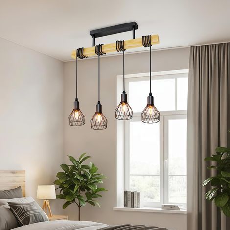 Suspension Luminaire Industrielle, E14 Luminaire Salle a Manger 52CM, Noir Lustre Bois avec 4 Têtes, Moyenne Lustre avec Abat-jour en Forme de Filet Pour Salon(Sans ampoule)