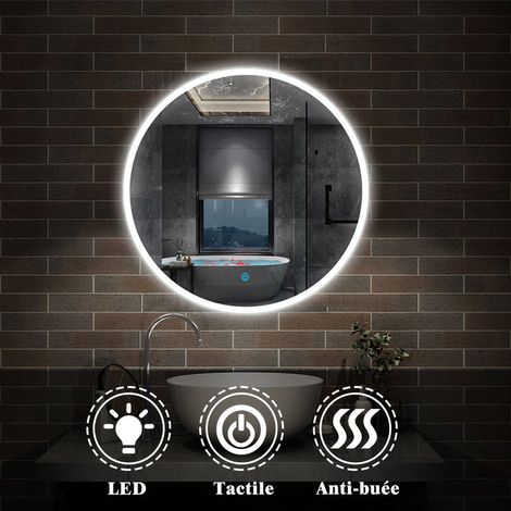 Aica Sanitaire – Miroir lumineux rond 80cm – Aluminium anti-corrosion – Interrupteur tactile IP44 – Température de couleur 6000K – Économie d'énergie