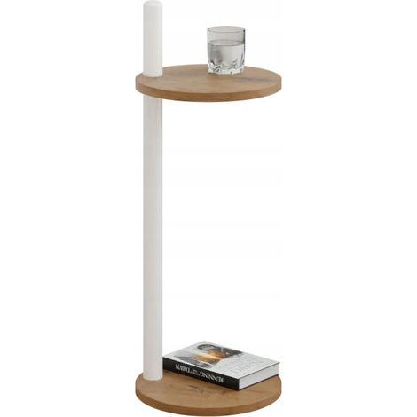 Mesita auxiliar redonda tipo loft con estante, 30x30x80 cm, metal blanco. (1/5)