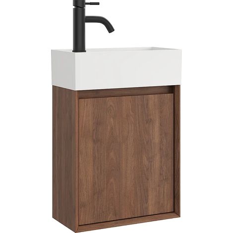 Meuble lave main suspendu avec vasque en résine blanc mat et robinet - Naturel foncé - 40 x 25.5 x 57 cm - SOREL (1/5)