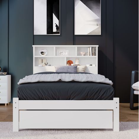 MEUBLIV Lit enfant 90x200cm simple en bois avec tête de lit bibliothèque et tiroirs de rangement blanc (1/5)