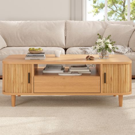 Table basse couleur bois, 100×50×35 cm, table de salon avec 1 tiroir et 2 portes coulissantes, espace de rangement ouvert, pieds en bois, en MDF, charge maximale 30 kg (1/5)