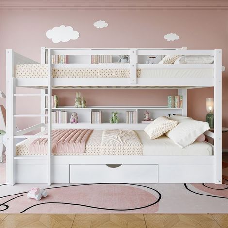 Lit superposé - 90 x 200 cm - Pin & MDF - Avec tiroirs et rangements - Blanc (1/5)