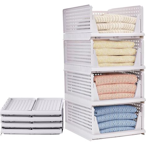 Set mit 4 Kleiderschrank-Organizer-Boxen, faltbarer Schubladen-Organizer und Kleider-Garderobe-Aufbewahrung, Kunststoff-Bürodokumente für Kleidung, Steppdecken und Spielzeug – Weiß (1/5)