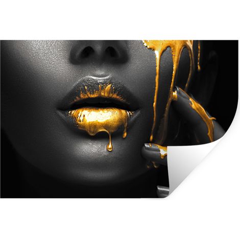 ADHESIVO DE PARED Mujer - Negro - Oro - Cara - Labios 120x80 (1/5)
