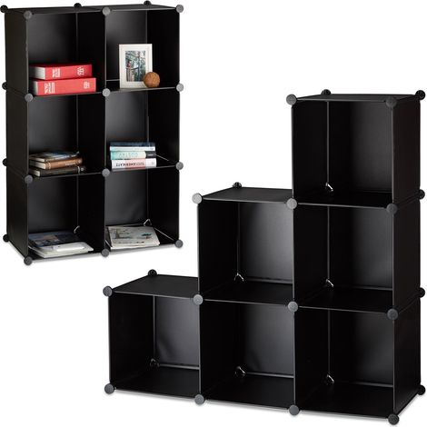 2x Scaffale a Gradini 6 scomparti, Libreria Sistema a Incastro, Armadio, Mobile Divisorio, Aperto, Nero (1/5)