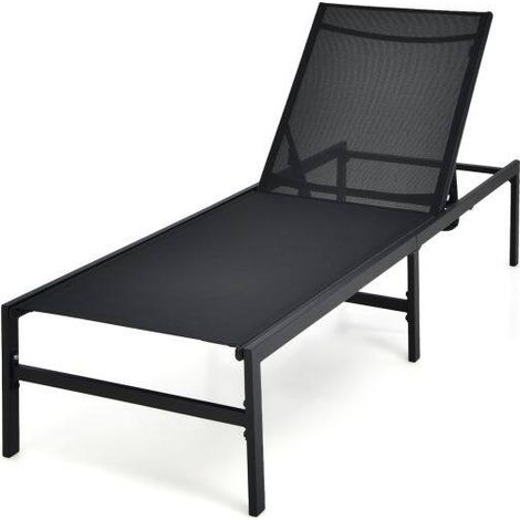 Chaise longue pliante noire en acier et maille avec dossier réglable 5 positions et support renforcé pour jardin, parc et piscine (1/5)
