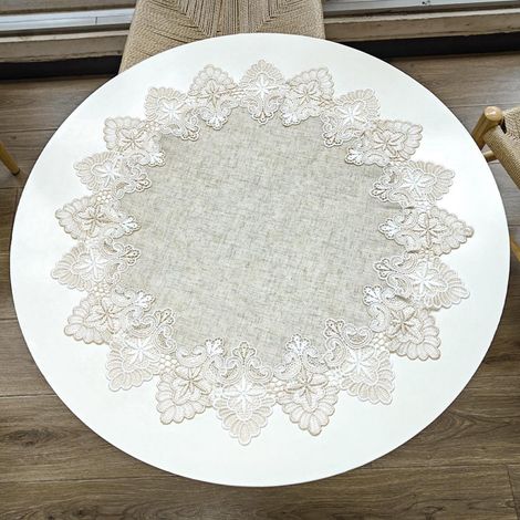 Nappe ronde lin avec dentelle vert kaki clair 60x60 cm étanche à la poussière pour la maison et la cuisine