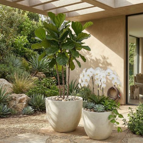 Lot de 2 pots de fleurs ronds 38x32 cm et 45x37 cm avec drainage pour intérieur extérieur magnésium blanc (1/5)