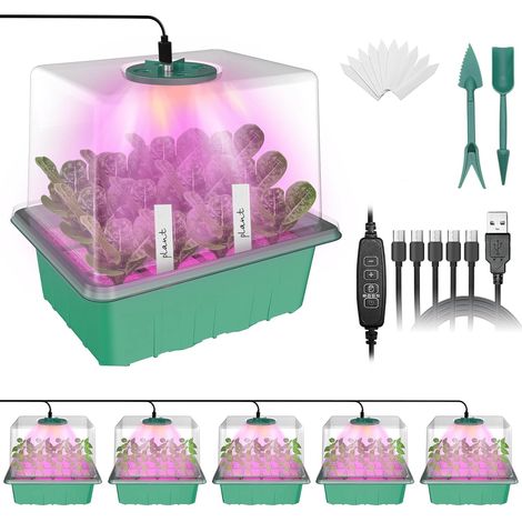 Mini Serre pour Plantes, 5 Pièces 60 Cellules Bac à Semis, avec Lampe de Culture Réglable avec Minuterie, Luminosité Réglable (1/5)