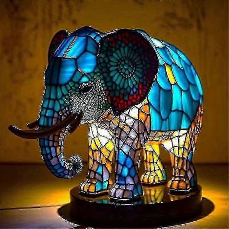 Lampe de table éléphant en résine colorée, style Tiffany, décoration intérieure élégante, modèle unique pour salon et chambre. (1/3)