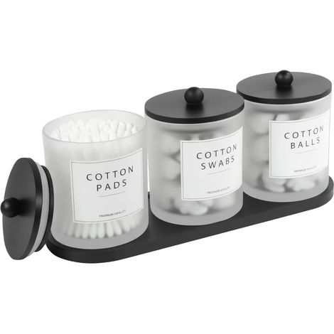 Lot de 3 récipients pour cotons-tiges et distributeur de cotons ronds - Bols en verre givré transparent avec couvercles en bambou - Organiseur de salle de bain avec plateau et 14 étiquettes pour (1/5)