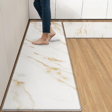 PVC Kitchen Floor Mat, Simple Marble Pattern, Oil-proof and Stain-resistant, Anti-fatigue, Thickened Carpet - Marble - Yellow - 44 x 75 x 1.0cm