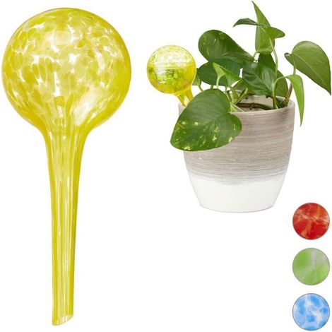 Boule d'arrosage, lot de 2, arrosoir pour plantes et fleurs, accessoire de bureau, 6 x 12 cm, verre, jaune (1/5)