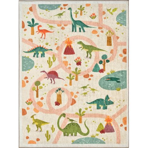 Tapis beige circuit dinosaures antidérapant lavable machine - 160 x 230 cm (1/5)
