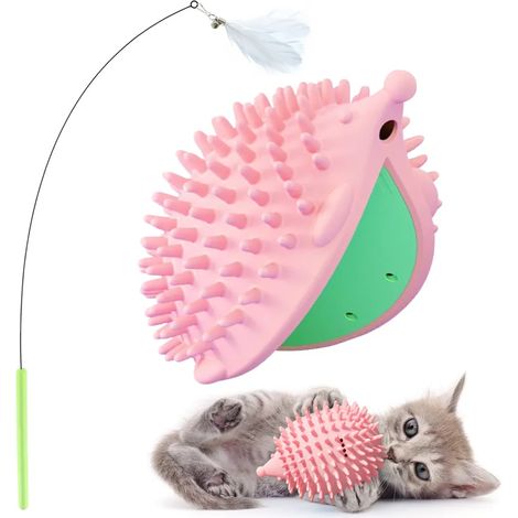 Katzenmassage-Set mit 96 cm langem Katzenfeder-Spielzeug und igelförmiger Eckbürste für interaktives Spielen mit der Katze (Pink)