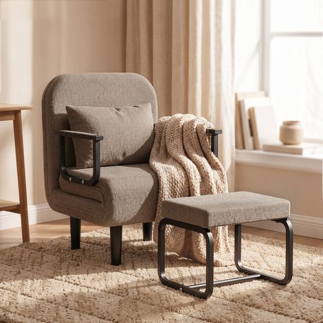 Fabulcozy 4-in-1-Schlafsofa aus Leinen mit Fußstütze und Metallarmlehnen für das Wohnzimmer – 184 x 60 cm, khaki