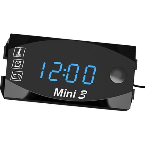 3-in-1 Digitale Motorraduhr: Uhr + Thermometer + Voltmeter (6–30 V DC), IP67 wasserdicht, blaues Licht, schwarzes Gehäuse