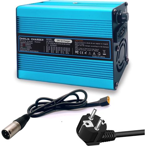 Le Chargeur 24V 5A Convient aux Batteries Plomb-Acide 27,6V. Chargeur d'entretien pour fauteuils roulants. Extérieur Bleu avec connecteur XLR 1+2-3 Broches. (1/5)
